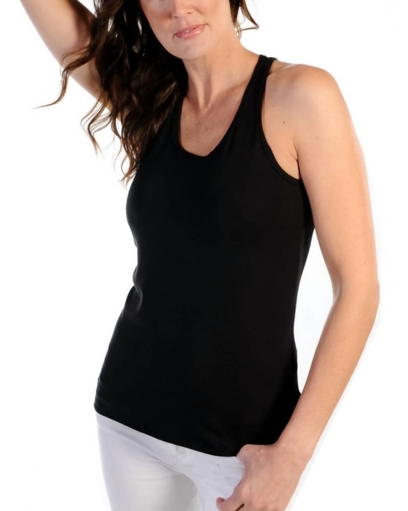 Front of a model wearing a size L Racerback Tank Top in Black in Black by Body Bark. | dia_product_style_image_id:343650